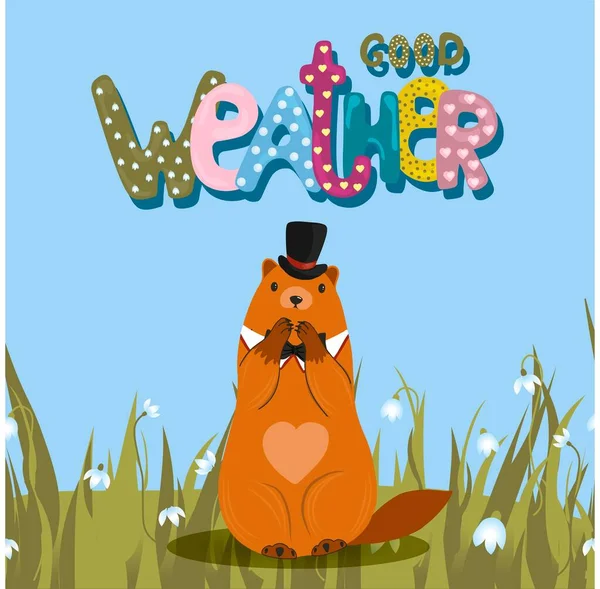 グランドホッグの日カード 春の訪れを告げる かわいいマーモットキャラクター 2月2日 ベクトルイラスト Marmot — ストックベクタ