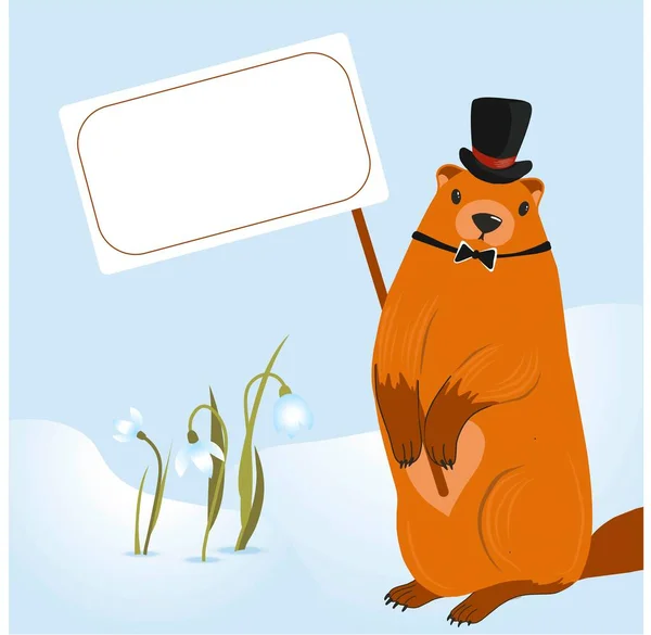 Groundhog Day Card Harbinger Spring Cute Marmot Character February Vector — Vetor de Stock