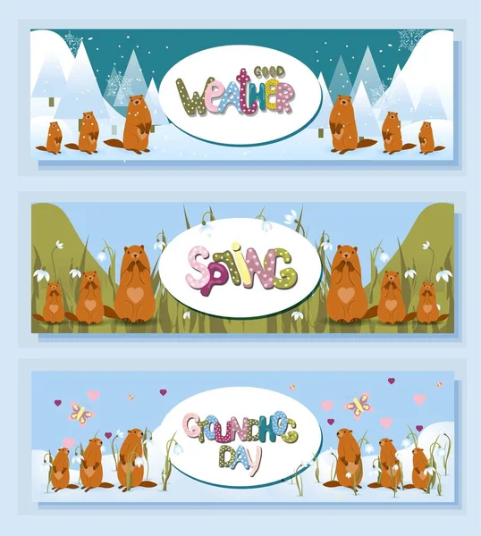 Groundhog Day Card Harbinger Spring Cute Marmot Character February Vector — 图库矢量图片