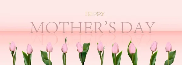 Realistic Tulips Banner Mothers Day Pink Tulips Pink Background Happy — Vetor de Stock