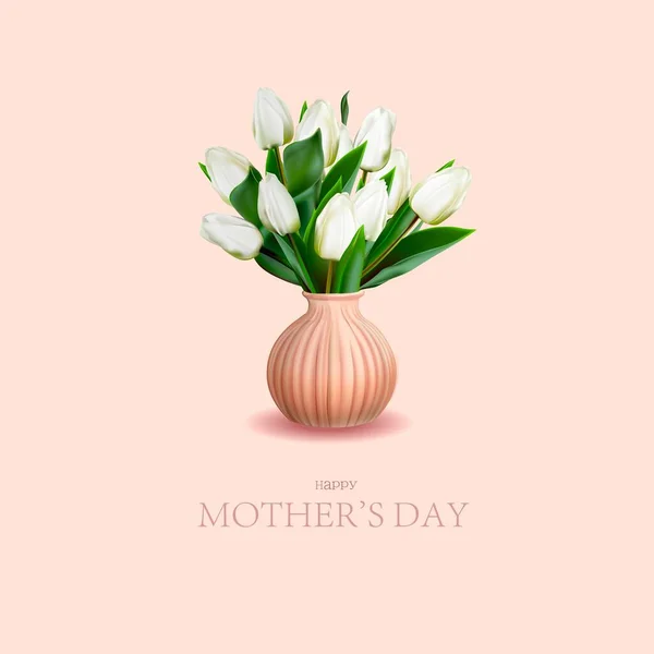 Realistic Bouquet Tulips Banner Mothers Day White Tulips Pink Background — Vetor de Stock