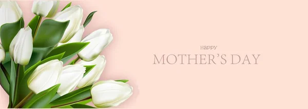 Realistic Bouquet Tulips Banner Mothers Day White Tulips Pink Background —  Vetores de Stock