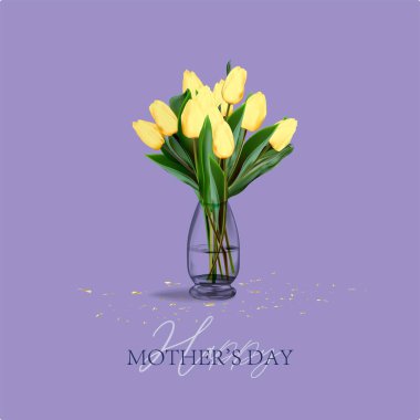 Happy Mother's Day greeting card. Spring cut flowers tulips, festive background. Vector illustration. Women's holiday.