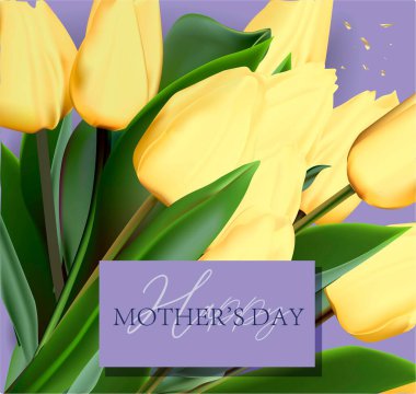 Happy Mother's Day greeting card. Spring cut flowers tulips, festive background. Vector illustration. Women's holiday.