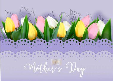 Happy Mother's Day greeting card. Spring cut flowers tulips, festive background. Vector illustration. Women's holiday.