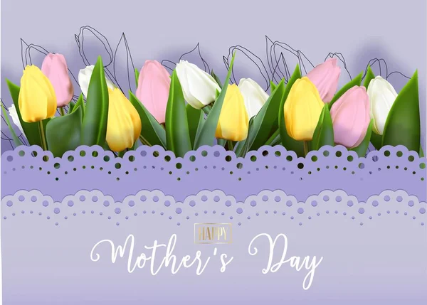 Happy Mother Day Greeting Card Spring Cut Flowers Tulips Festive — Image vectorielle