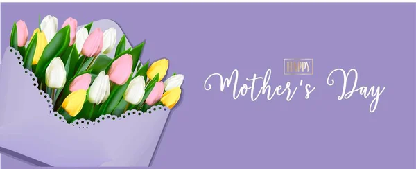 Happy Mother Day Greeting Card Spring Cut Flowers Tulips Festive — Vetor de Stock