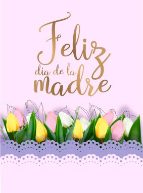 Mother's day greeting card template. print-ready postcard mockup. Inscription in Spanish: Happy Mother's Day. Flyer congratulations on international women's day. Banner layout.