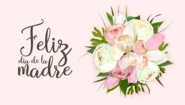 Mother's day greeting card template. print-ready postcard mockup. Inscription in Spanish: Happy Mother's Day. Flyer congratulations on international women's day. Banner layout.