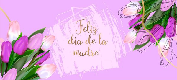 Mother's day greeting card template. print-ready postcard mockup. Inscription in Spanish: Happy Mother's Day. Flyer congratulations on international women's day. Banner layout.