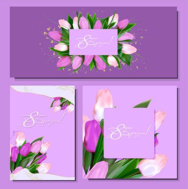 8 Mart tebrik kartı şablonu. Baskıya hazır kartpostal modeli. Ukraynaca yazı: 8 Mart. Uluslararası Kadınlar Günü için el ilanı. Sancak düzeni.