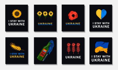 Ukrayna için trend baskısı 2022 desteği. Ukrayna için bir dizi kartpostal ya da poster. Vektör çizimi. Konsept savaş değil..