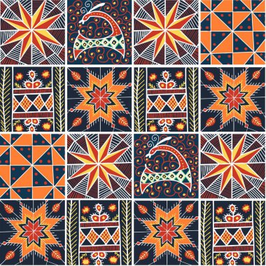 Modern Ukrayna süsü. Ukrayna tarzında kusursuz desen. Ukrayna 'nın sembolleri. Ulusal semboller. Orta Avrupa kültürü. Pysanka. Nakış. Nakış. Modaya uygun bir etnik model. Kolaj.