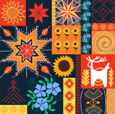 Modern Ukrayna süsü. Ukrayna tarzında kusursuz desen. Ukrayna 'nın sembolleri. Ulusal semboller. Orta Avrupa kültürü. Pysanka. Nakış. Nakış. Modaya uygun bir etnik model. Kolaj.