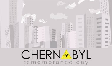 Poster Çernobil. 26 Nisan Çernobil kurbanlarının anısına bir gün. Ukrayna 'da bir nükleer reaktörün patlaması. Pripyat şehri. Sarı radyasyon işareti.