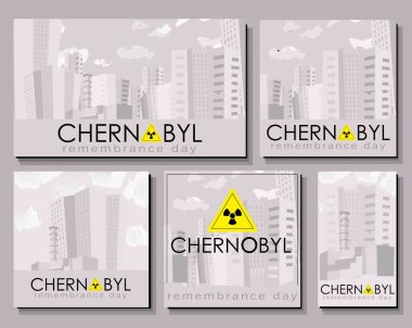 Poster Çernobil. 26 Nisan Çernobil kurbanlarının anısına bir gün. Ukrayna 'da bir nükleer reaktörün patlaması. Pripyat şehri. Sarı radyasyon işareti.