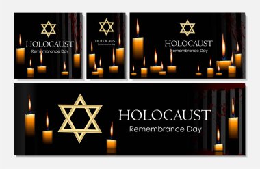 Soykırım Anma Günü. Kurbanların anısına düzenlenen Uluslararası Anma Günü. Soykırım anıları günü. Siyah arka planda mum yakmak. Yom HaShoah 'ın Vektör İllüstrasyonu