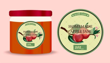 Label and packaging of apple jam. Jar with a label. Text in frames with ripe apples and leaves