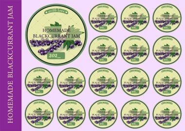 STICKERS ON JARS WITH HOMEMADE JAM. BERRY JAM. Black currant. Labels for canning. Vintage kitchen sticker.