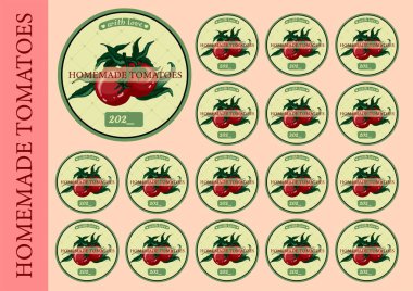 Yuvarlak çıkartmalar evi korumak için. Tuzlu domates. Yemek için etiket. Domatesli klasik çıkartmalar..