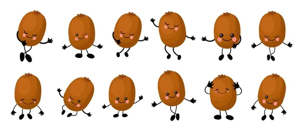Kiwi Character Cheerful Arms Legs Set Fruits White Background — Vector de stock