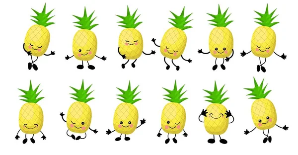 Pineapple Yellow Character Cheerful Arms Legs Set Fruits White Background — Image vectorielle