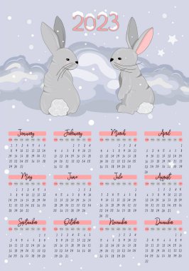 Güzel tavşanlı takvim 2023. Çocuk posteri. Kedi ve tavşan yılı. 2023 'ün sembolü. Moda renklerinde vektör illüstrasyonu.