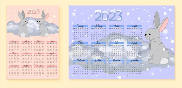 Kalendář 2023 Roztomilými Králíky Plakát Pro Děti Rok Kočky Králíka — Stockový vektor