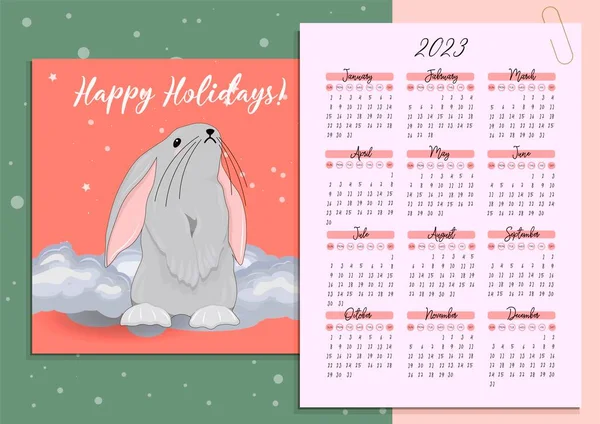 Календар 2023 Милими Кроликами Дитячий Плакат Рік Кота Кролика Символ — стоковий вектор