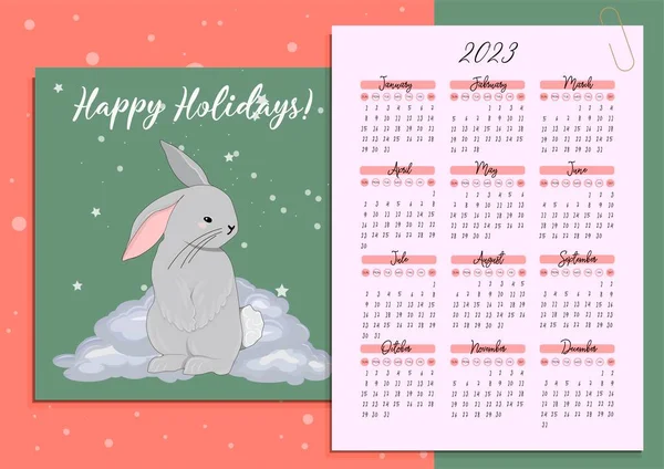 Kalendář 2023 Roztomilými Králíky Plakát Pro Děti Rok Kočky Králíka — Stockový vektor