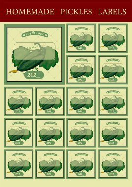 Yeşil Salatalıklar Etiket Tasarım Şablonları, El Çizimi Vektör İllüstrasyonu.