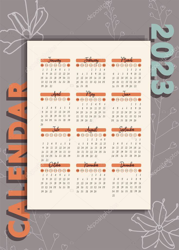 Fashion calendar 2023. VERTICAL ORIENTATION. A4 FORMAT. Calendar on a gray background. Print ready.