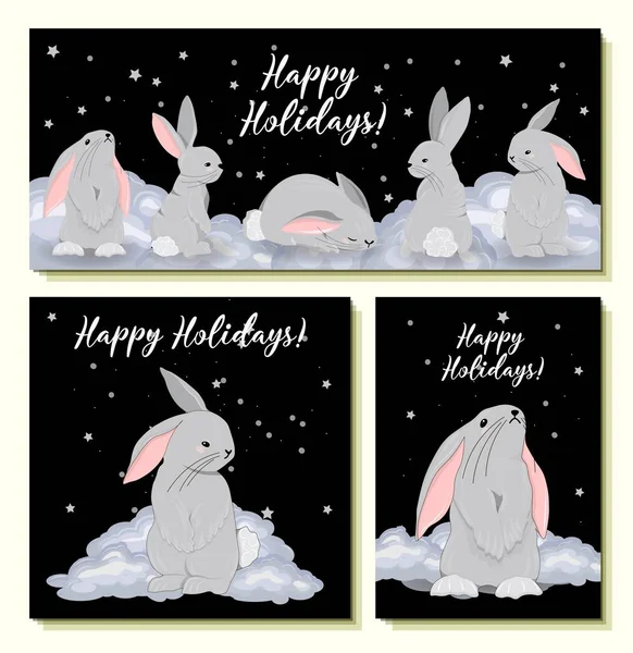 Set Greeting Cards 2023 Happy Holidays Rabbit Symbol 2023 — Stockvektor