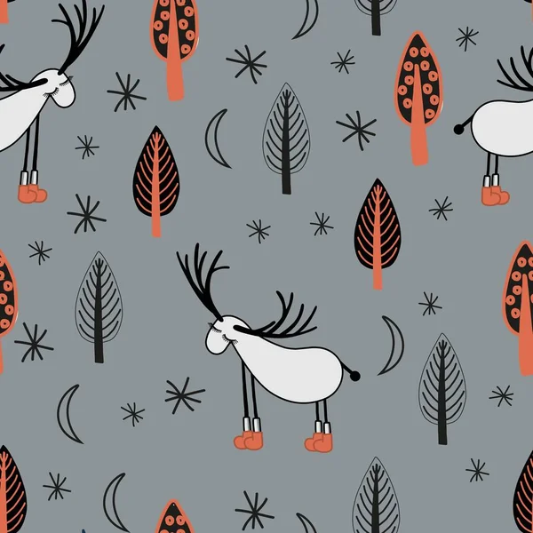 Funny Children Pattern Gentle Modern Seamless Print Deer Trees — Stock vektor