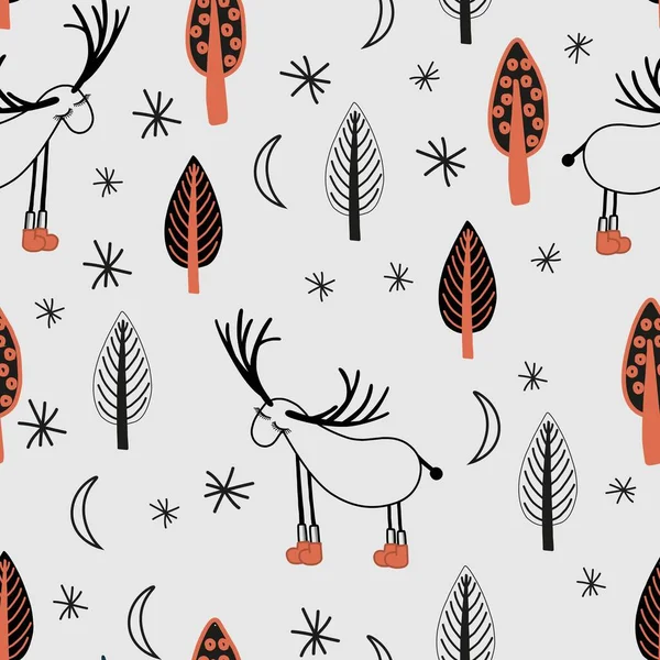 Funny Children Pattern Gentle Modern Seamless Print Deer Trees — Stockvektor