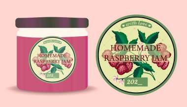 Ev yapımı reçel etiketi. Ahududu reçeli paketi. Vektör ahududu