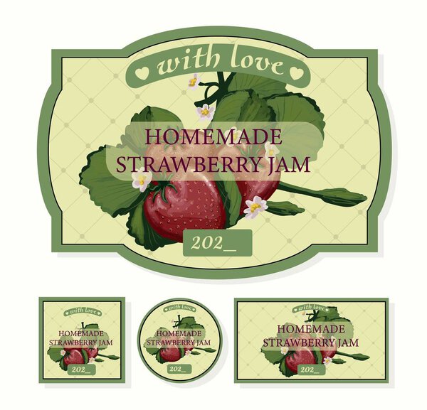 Label for homemade jam. Strawberry jam packaging. Vector strawberry