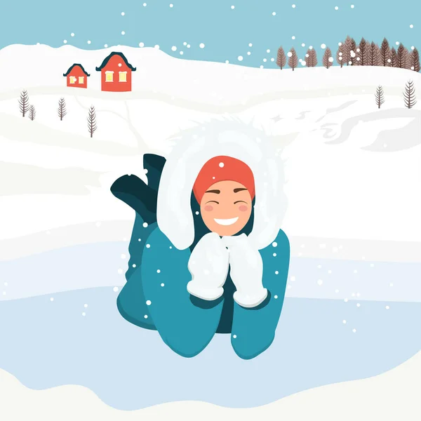 一个女人穿着冬衣躺在雪地上 无精打采后面是山脉 冬季活动 扁平的矢量图解 — 图库矢量图片