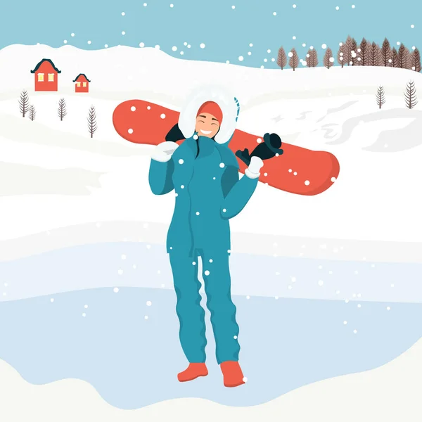 Een Vrouw Warme Kleren Houdt Een Snowboard Snowboarden Winteractiviteit Winter — Stockvector