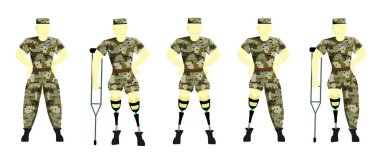 Askeri üniformalı bir asker protez takıyor. Protezi olan engelli biri. Protezler. Bir askerin vektör illüstrasyonu