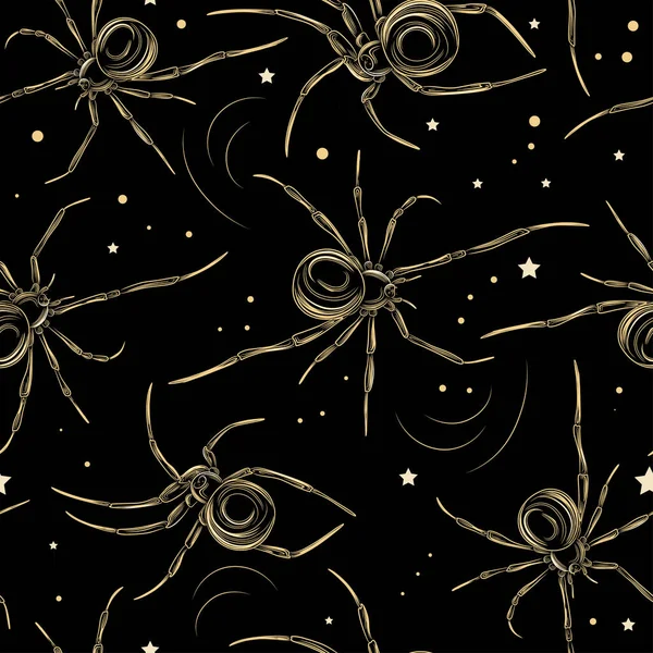 クモや星とのシームレスなパターン ハロウィンムードパターン 金のパターンと黒の背景 恐ろしい恐ろしいパターン — ストックベクタ