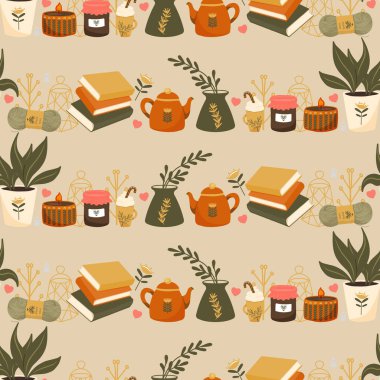 Hygge Güz ve Kış desenli sınır tasarımı. Şirin ve rahat vektörsüz tekrar pankartı. Eşarpların, eldivenlerin, kahvenin, ormanların yapraklarının ve yıldızların resmi.