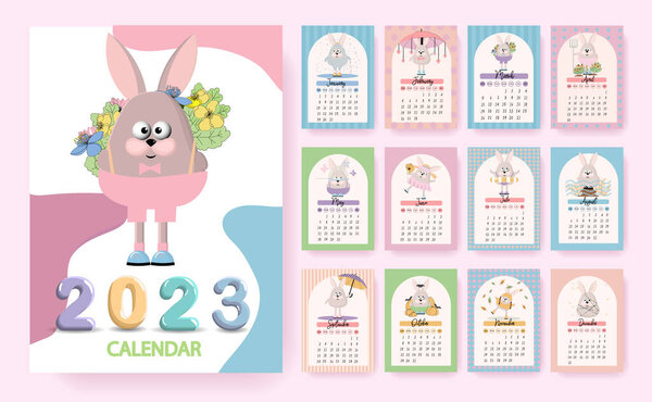 Rabbit calendar for 2023 with amazing funny characters.