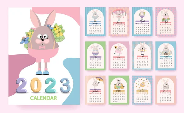 Rabbit Calendar 2023 Amazing Funny Characters — Stock Vector