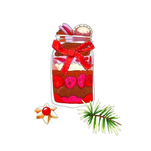 Kolorowy Akwarela Świąteczny Deser Szklanym Słoiku Ilustracja Izolowana Białym — Zdjęcie stockowe