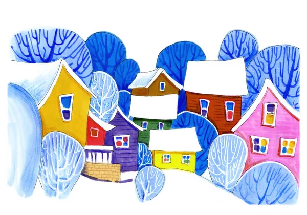 Winter Houses Drawings Watercolor Style Isolated White — Foto Stock
