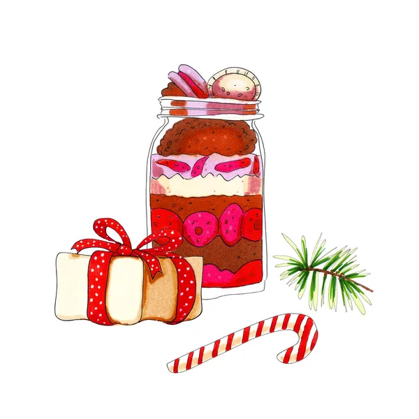 Kleurrijke Aquarel Kerstdessert Glazen Pot Illustratie Geïsoleerd Wit — Stockfoto