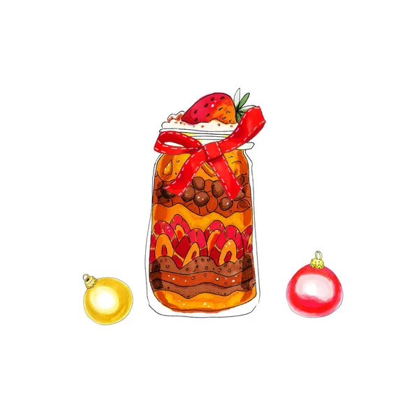 Colorful Watercolor Christmas Dessert Glass Jar Illustration Isolated White — Stock Photo, Image