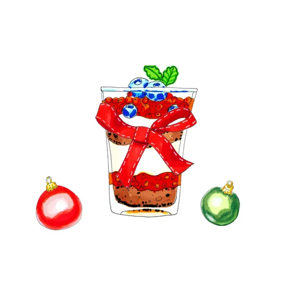 Colorful Watercolor Christmas Dessert Glass Illustration Isolated White — Stockfoto