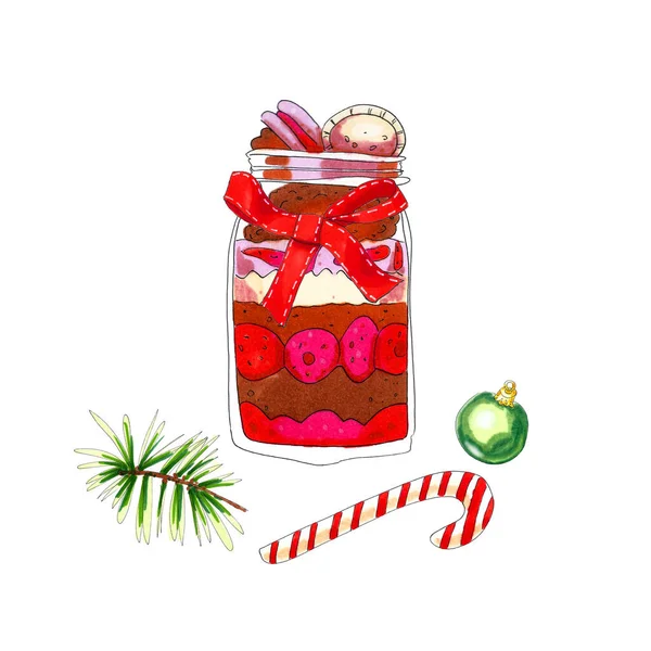 Kolorowy Akwarela Świąteczny Deser Szklanym Słoiku Ilustracja Izolowana Białym — Zdjęcie stockowe